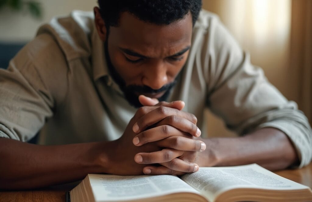 Man praying over Bible finding spiritual strength in recovery